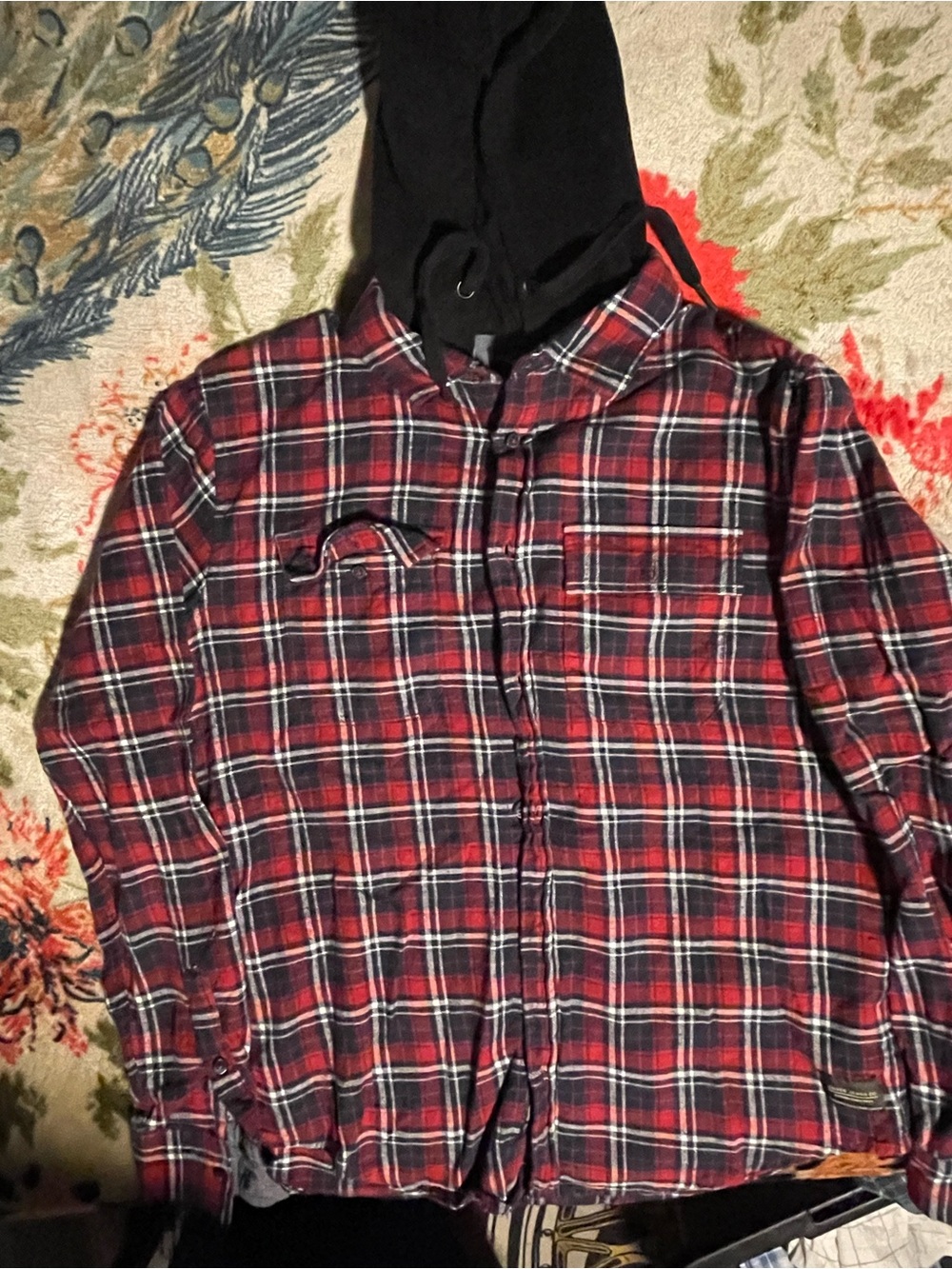 Silver Jeans Red and Black Plaid Button-Down Shirt with Hood